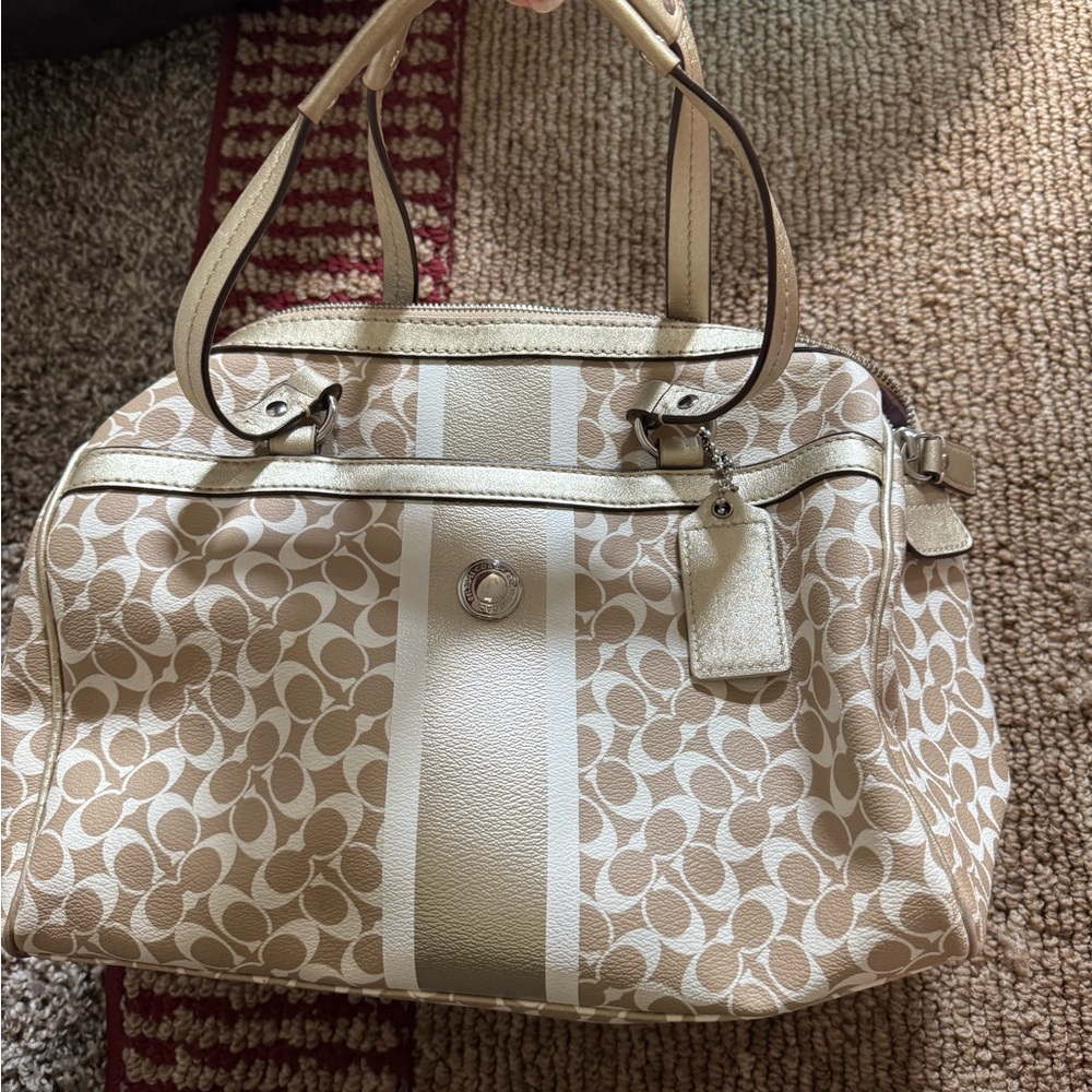 Coach Beige and White Signature Satchel